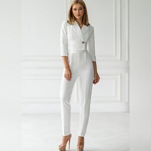 NWT Elagia White Bridal Elegant Tuxedo Tailored One-Button Jumpsuit Romper L